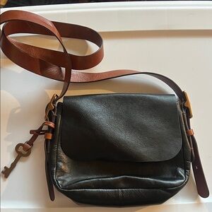 Fossil Black and Brown Leather Crossbody Bag